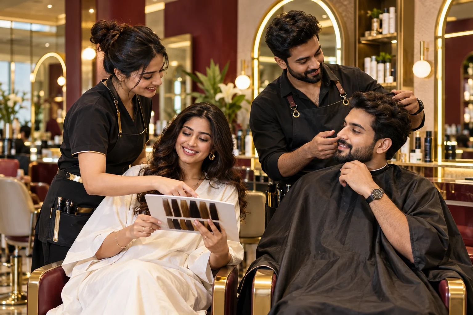 A woman and man receiving inclusive beauty and grooming guidance from salon professionals in a modern unisex salon
