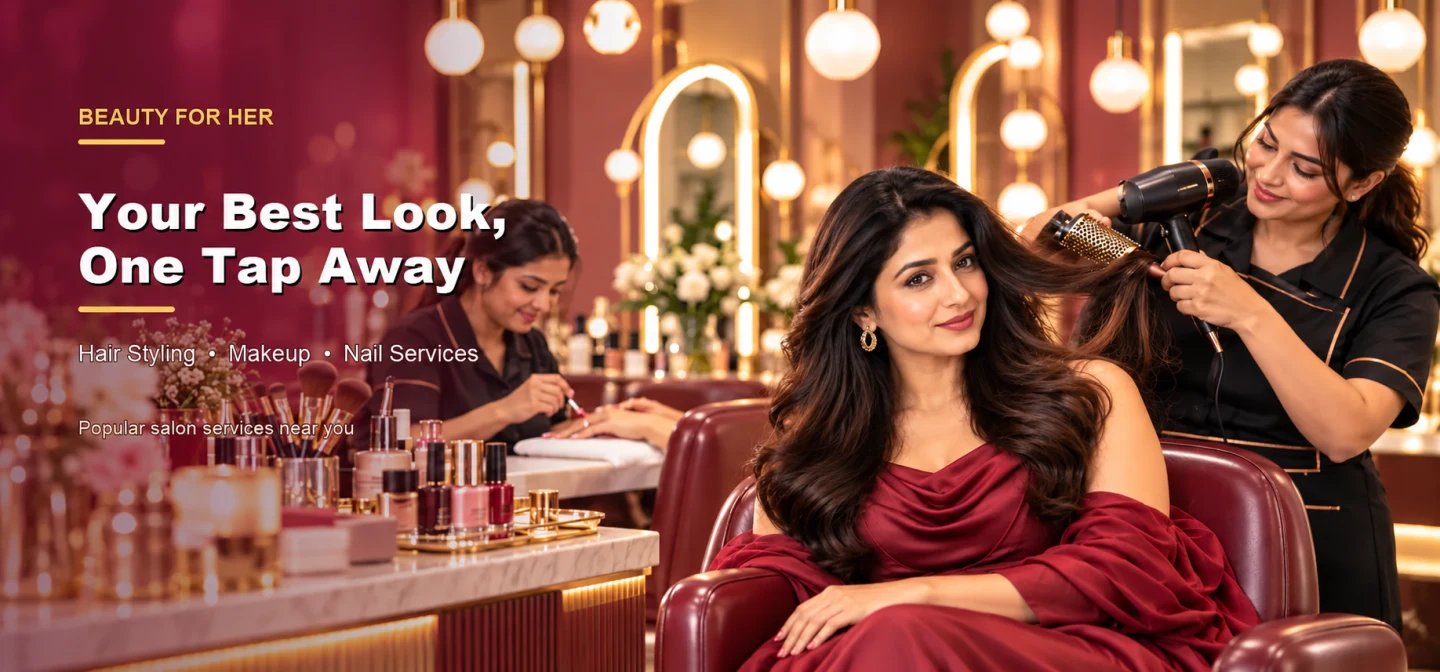 Adult woman receiving professional hair styling in a modern salon, with makeup and nail services featured by BookMyBeauty.
