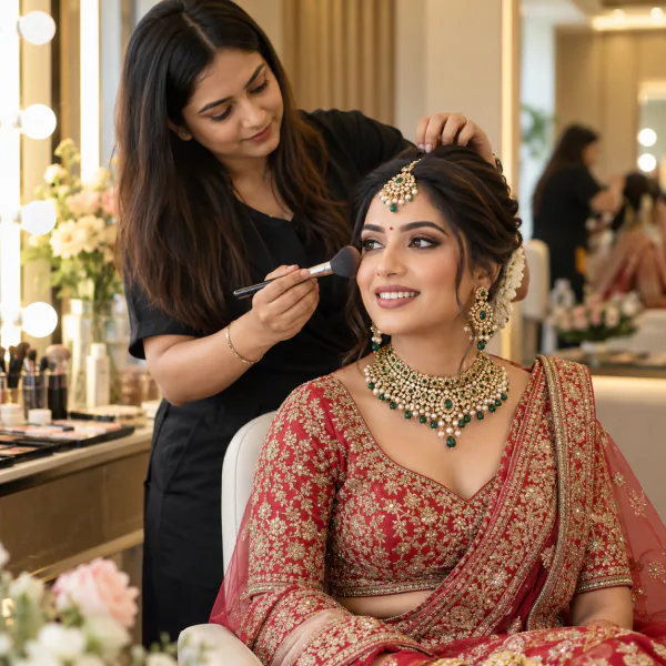 Bride receiving professional wedding makeup and styling