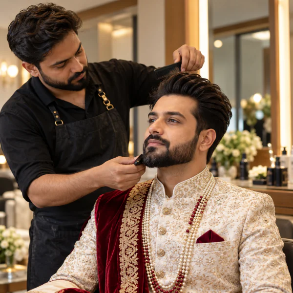 Groom receiving professional wedding hair and beard styling